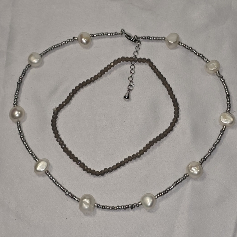 Treska Elegant Pearl and Silver Beaded Necklace Bracelet Set